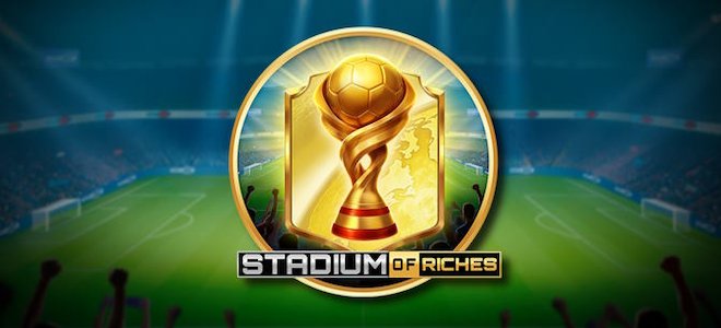 Stadium of Riches — free social casino game featuring a football-themed slot with golden boots and floodlit arena